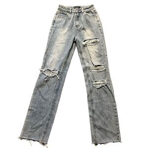 Pretty little thing blue distressed straight leg jeans size 2